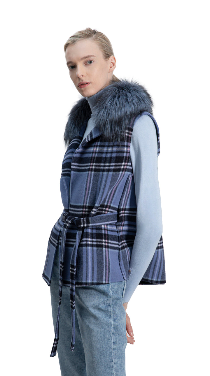 Short Belted Wool Vest Blue Plaid