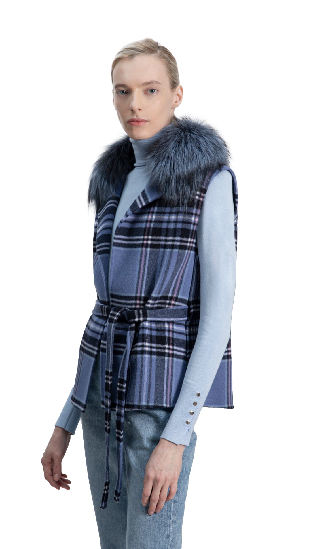 Short Belted Wool Vest Blue Plaid