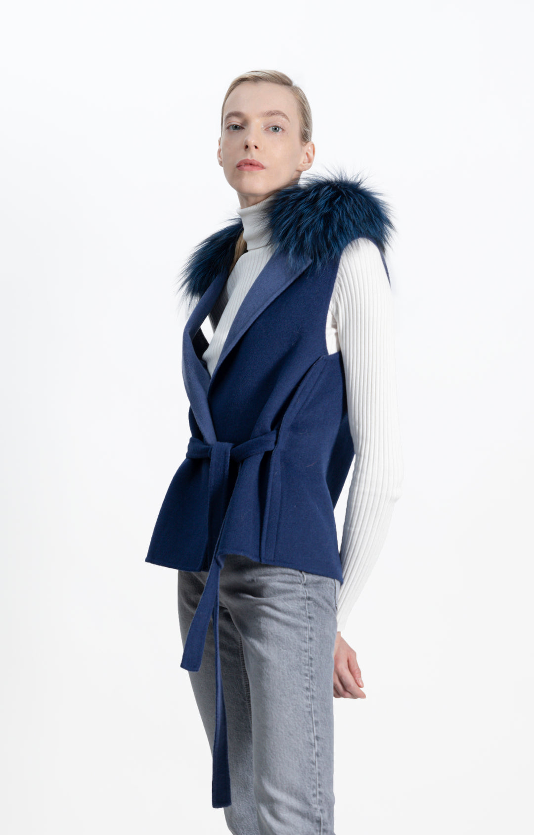 Short Belted Wool Vest Indigo