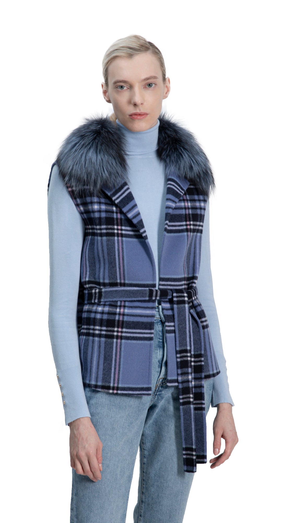 Short Belted Wool Vest Blue Plaid