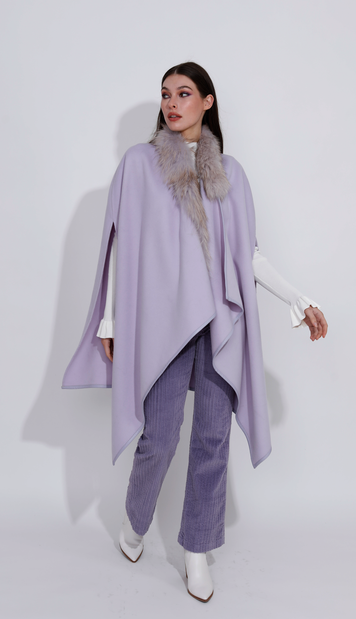 Asymmetric Wool Cape with Fur Collar Snow Lilac