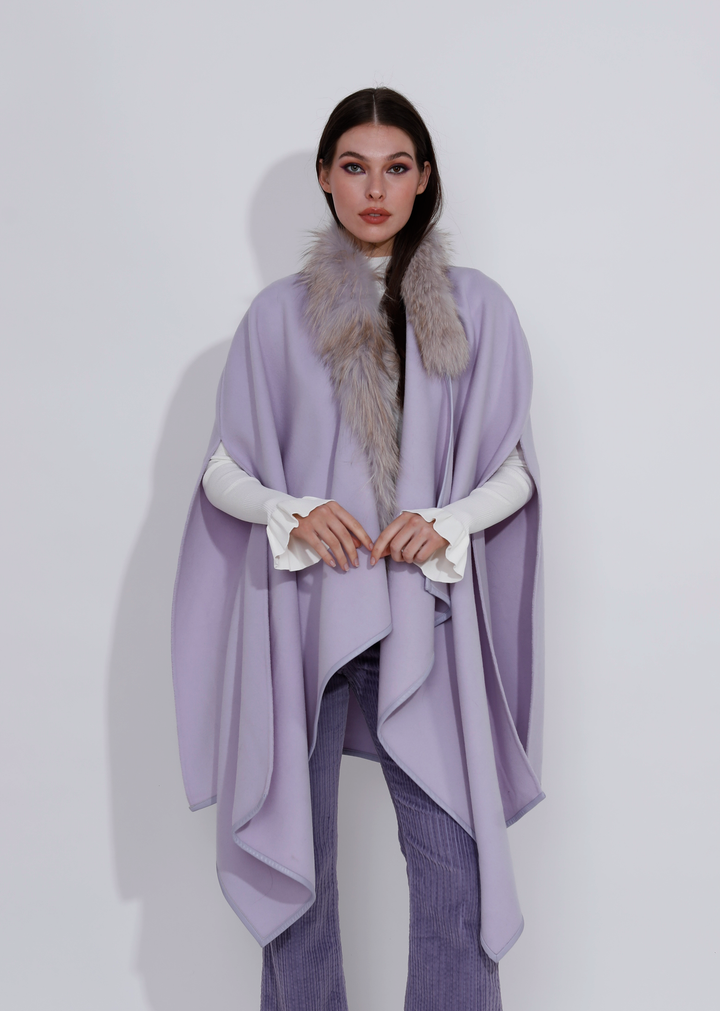 Asymmetric Wool Cape with Fur Collar Snow Lilac