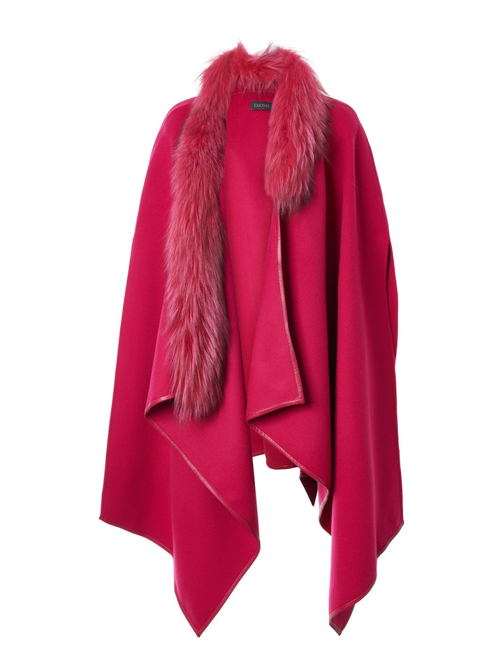 Asymmetric Wool Cape with Fur Collar Fushia