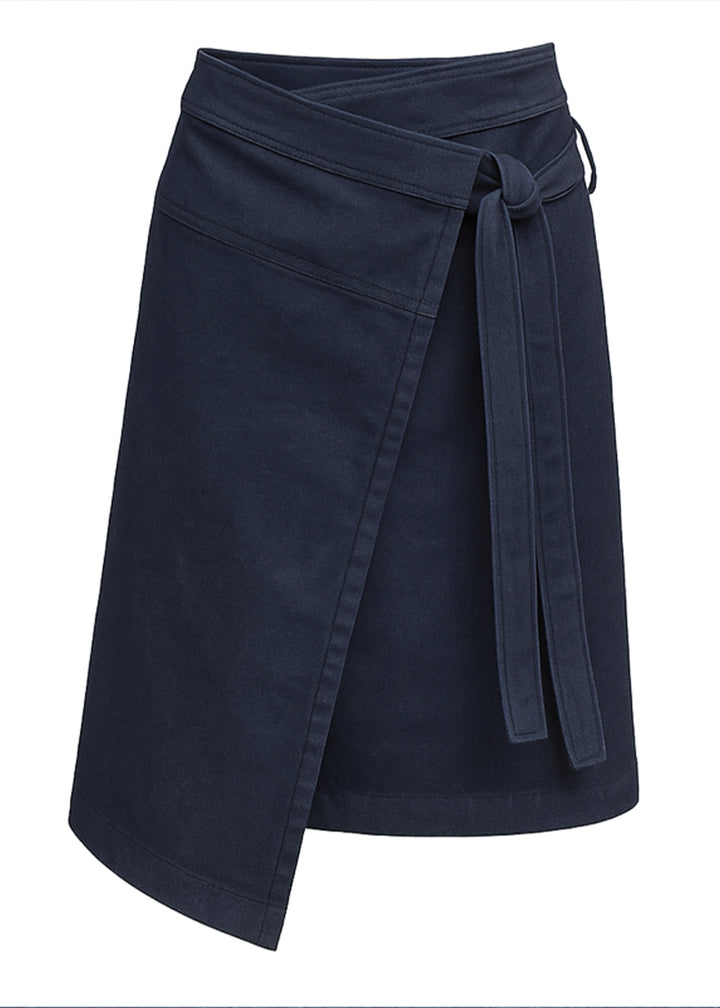 Asymmetric Wrap Midi Skirt in Dark Blue Denim