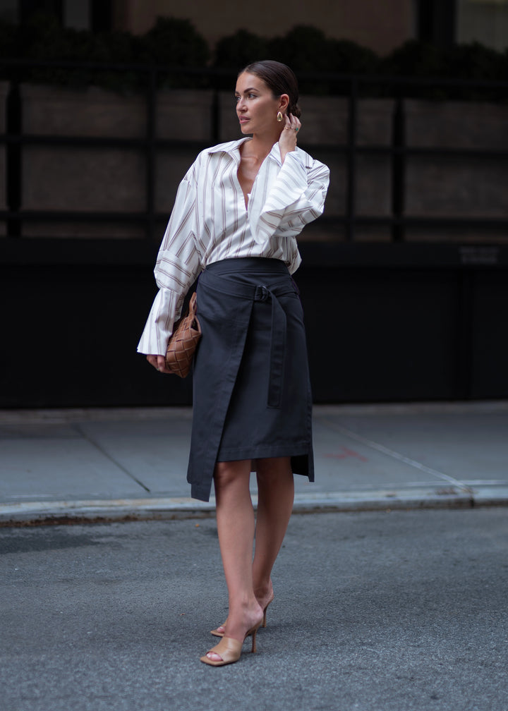 Asymmetric Wrap Midi Skirt in Dark Blue Denim