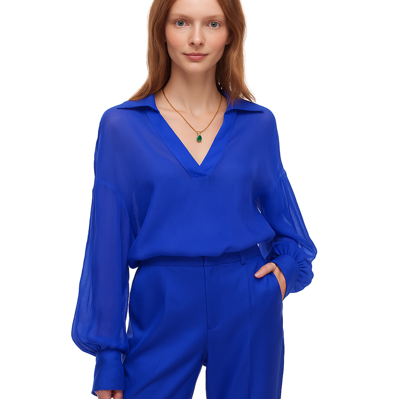 Silk Crepon Pleated Blouse in Azure