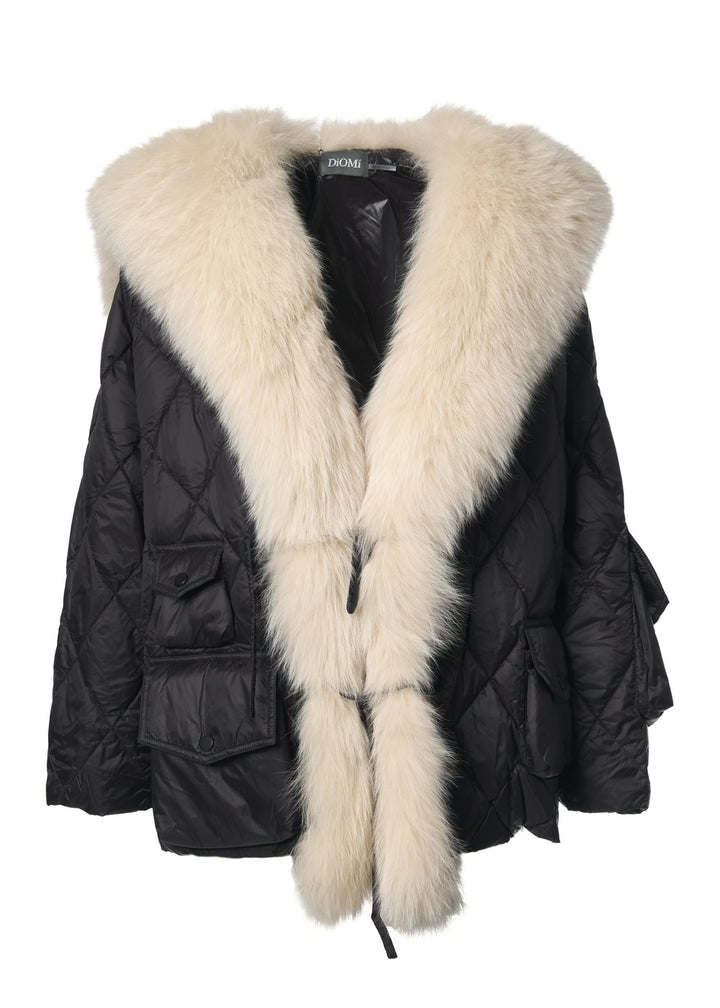 Short Down Jacket With Sailor Fox Collar in Black/Cream