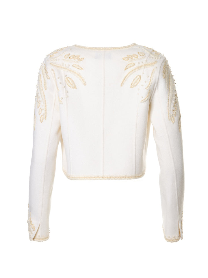 Embroidered Cropped Wool Jacket in Ivory