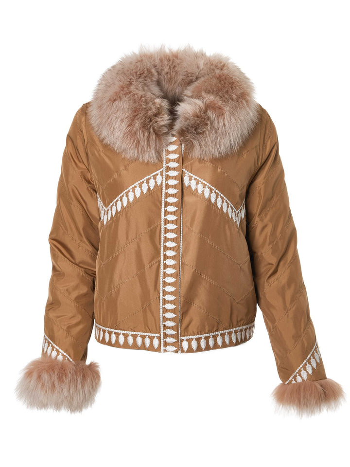 Silk Reversible Embroidered Fur Bomber in Vicuna Snowtop