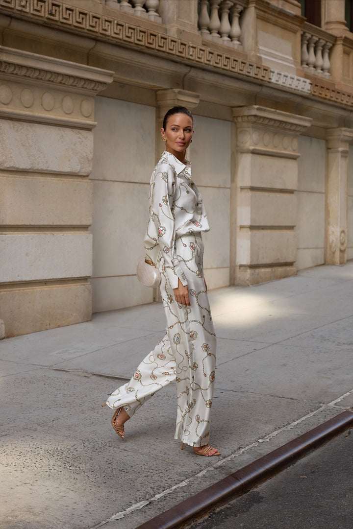Silk Half Button Down Shirt in Summer Charm