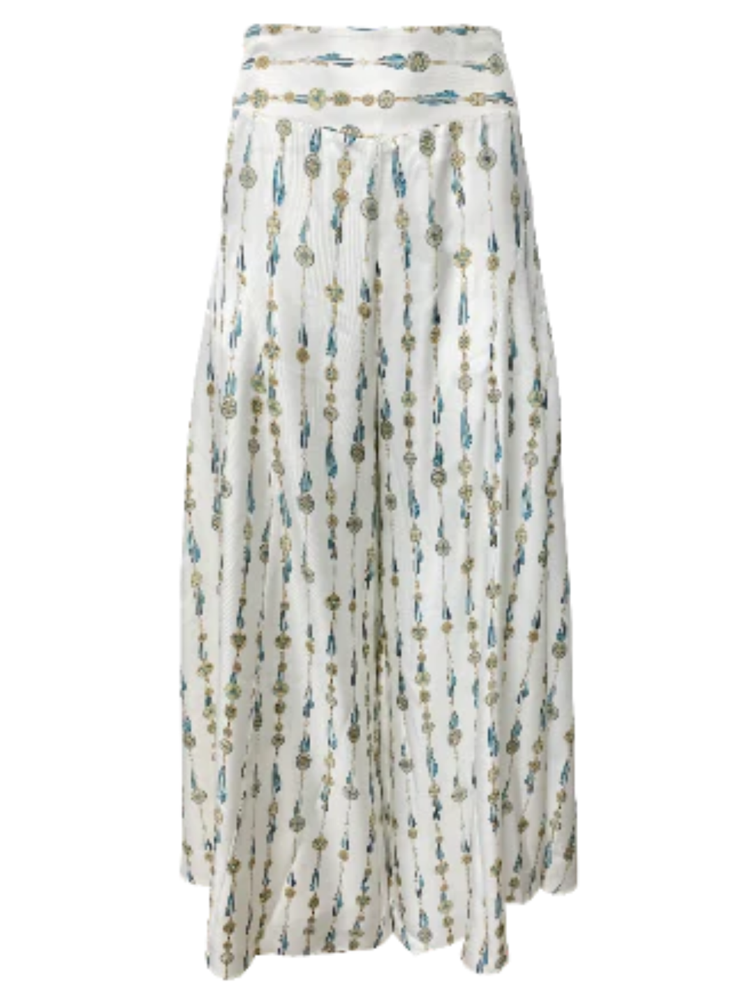 Silk Palazzo Wide Leg Pants in White Fringe Print