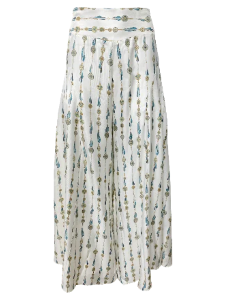 Silk Palazzo Wide Leg Pants in White Fringe Print