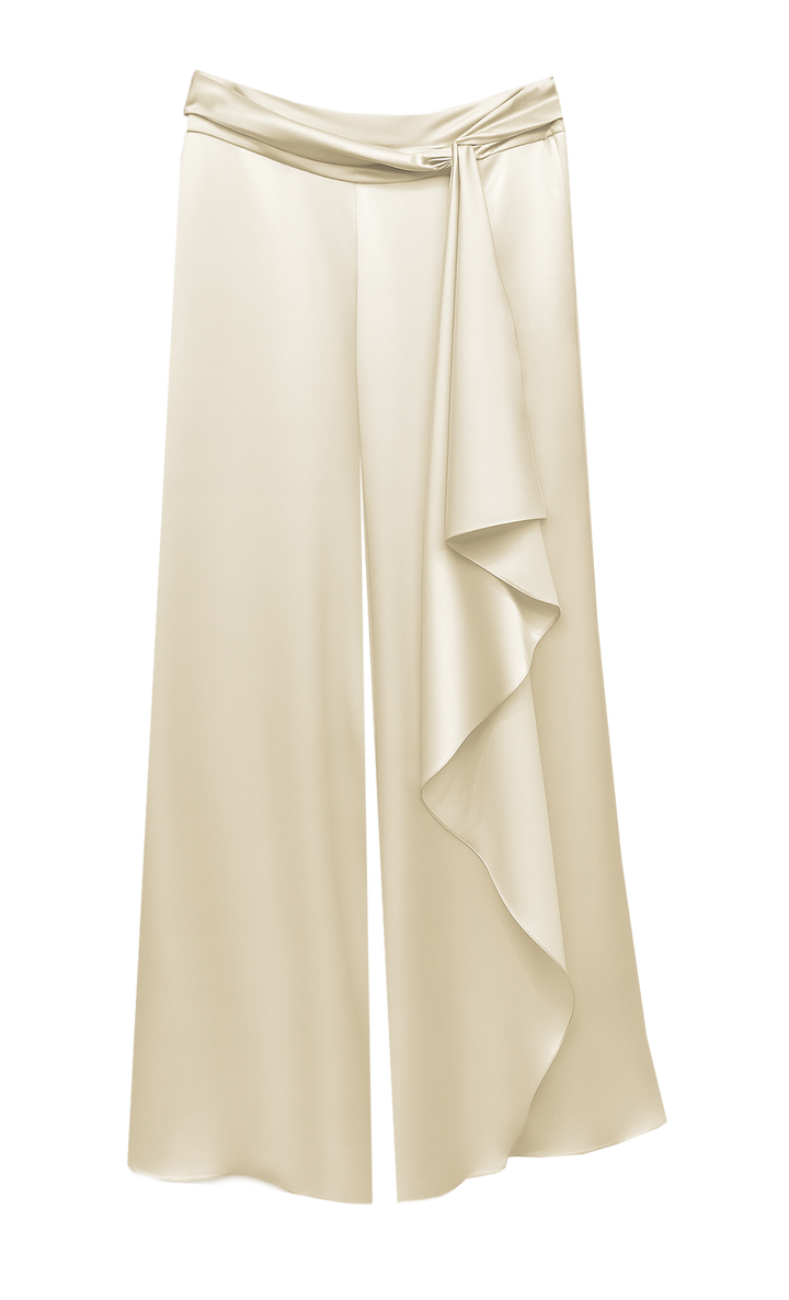 Wide-Leg Draped Pants with Knot Detail in Champagne