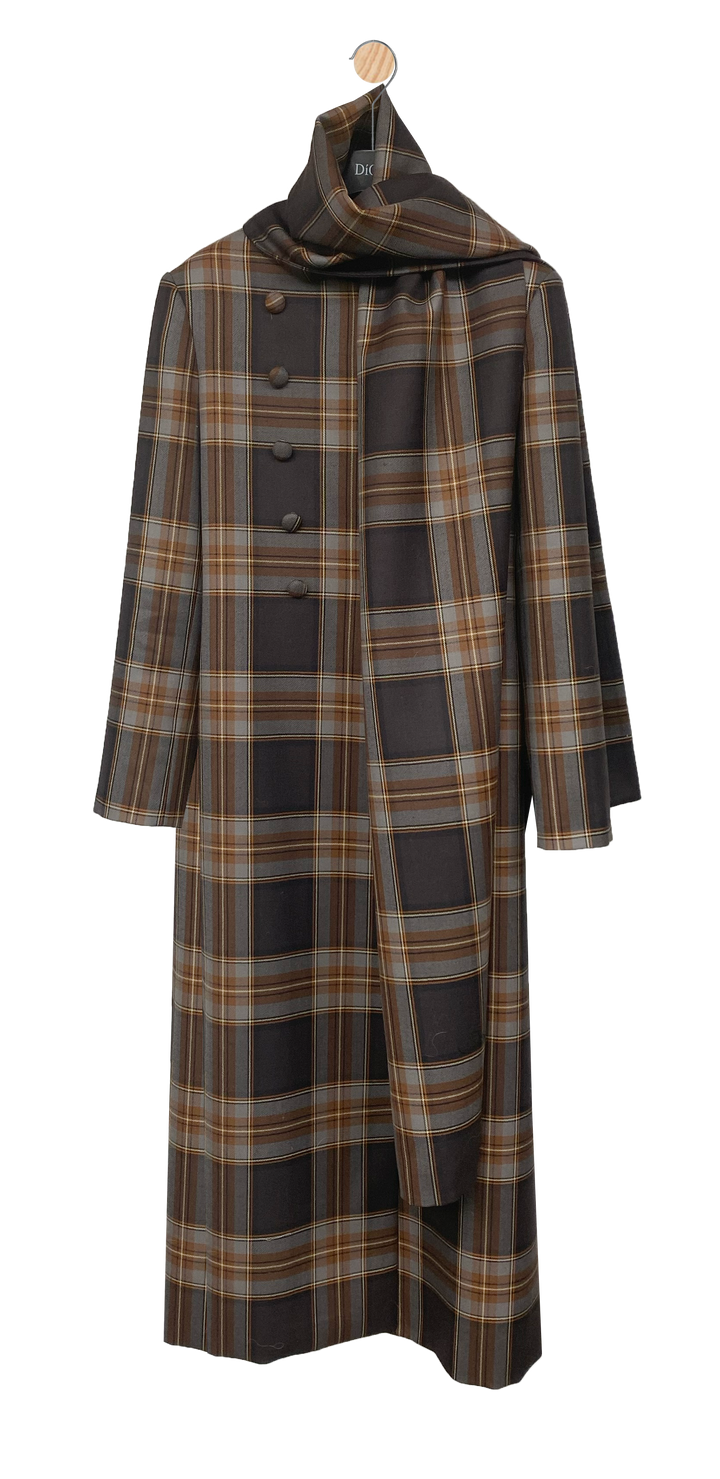 Wool Scarf Plaid Coat in Mocca Tartan