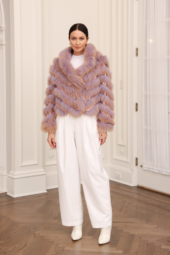 Embroidered Reversible Silk to Fox Fur Jacket in Lavender Sorbet