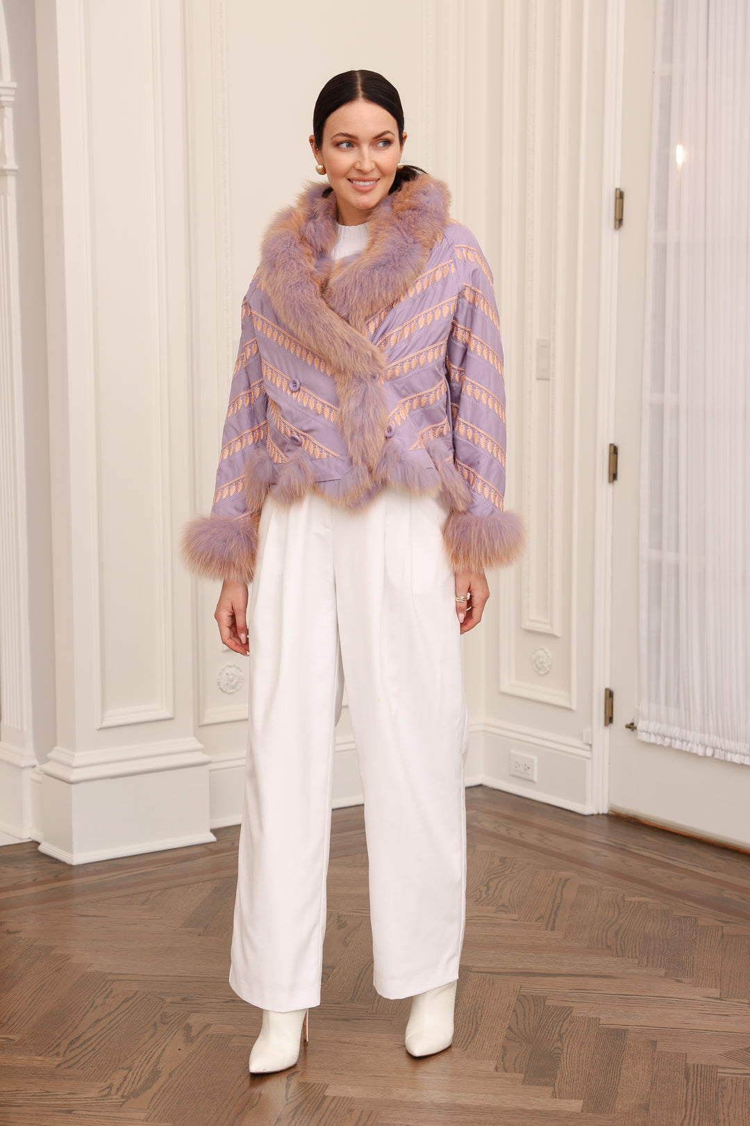 Embroidered Reversible Silk to Fox Fur Jacket in Lavender Sorbet