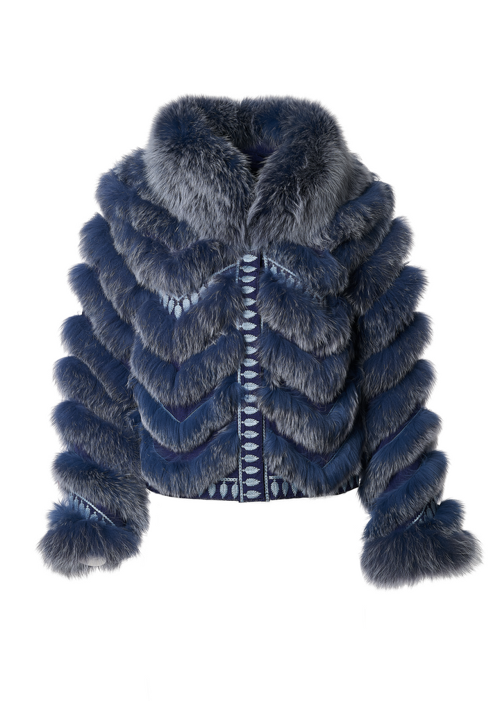 Embroidered Reversible Silk to Fox Jacket in Marine