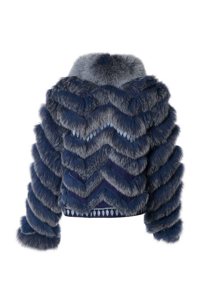 Embroidered Reversible Silk to Fox Jacket in Marine