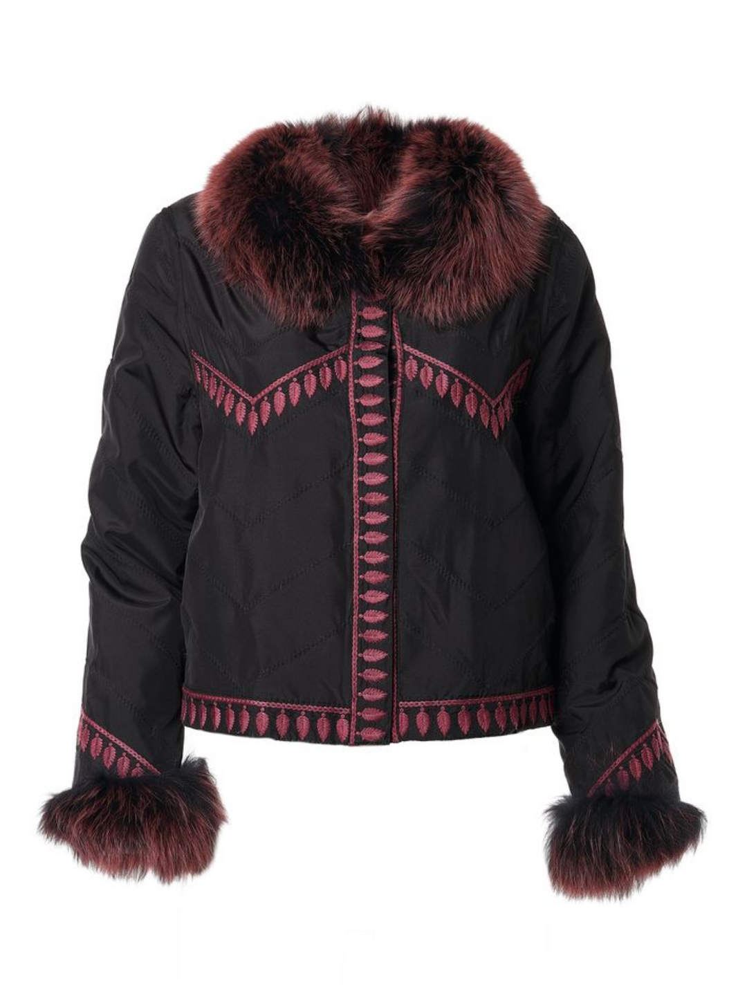 Embroidered Reversible Silk To Fox Jacket in Black Tibet