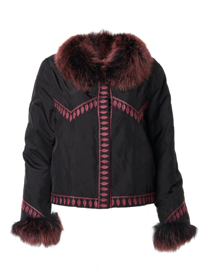 Embroidered Reversible Silk To Fox Jacket in Black Tibet