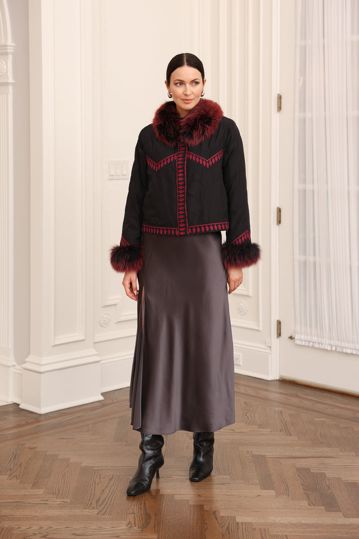 Embroidered Reversible Silk To Fox Jacket in Black Tibet