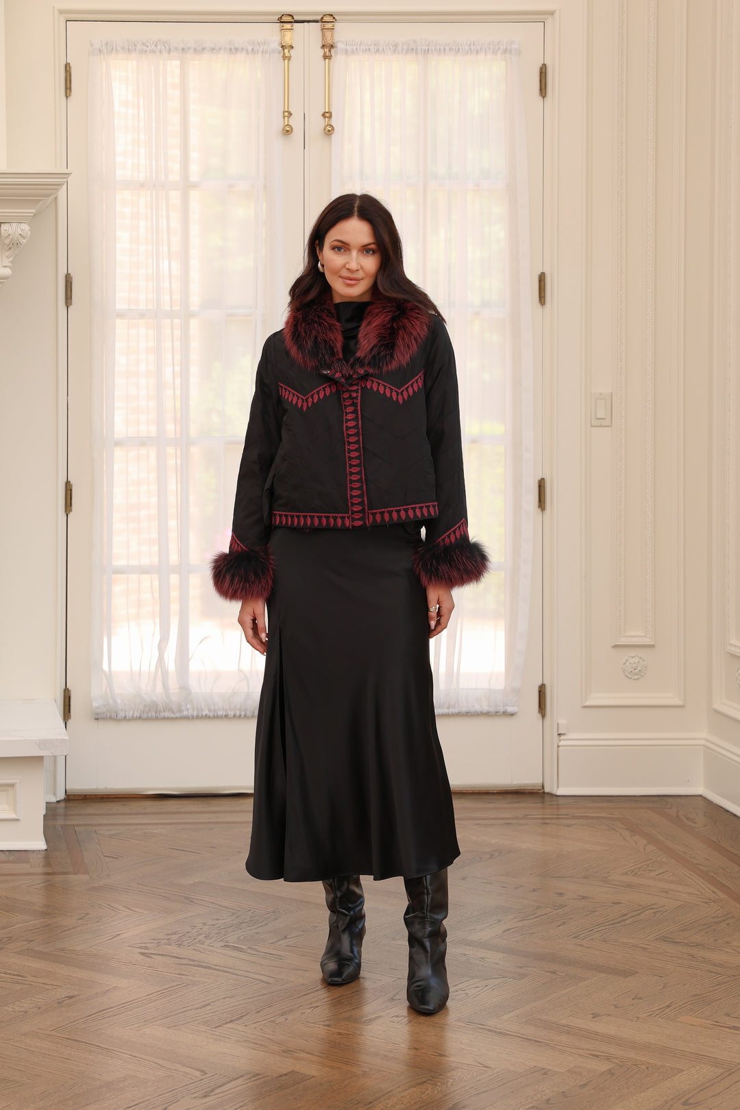 Embroidered Reversible Silk To Fox Jacket in Black Tibet