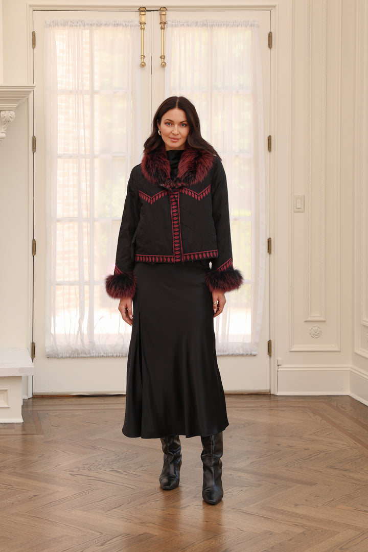 Embroidered Reversible Silk To Fox Jacket in Black Tibet