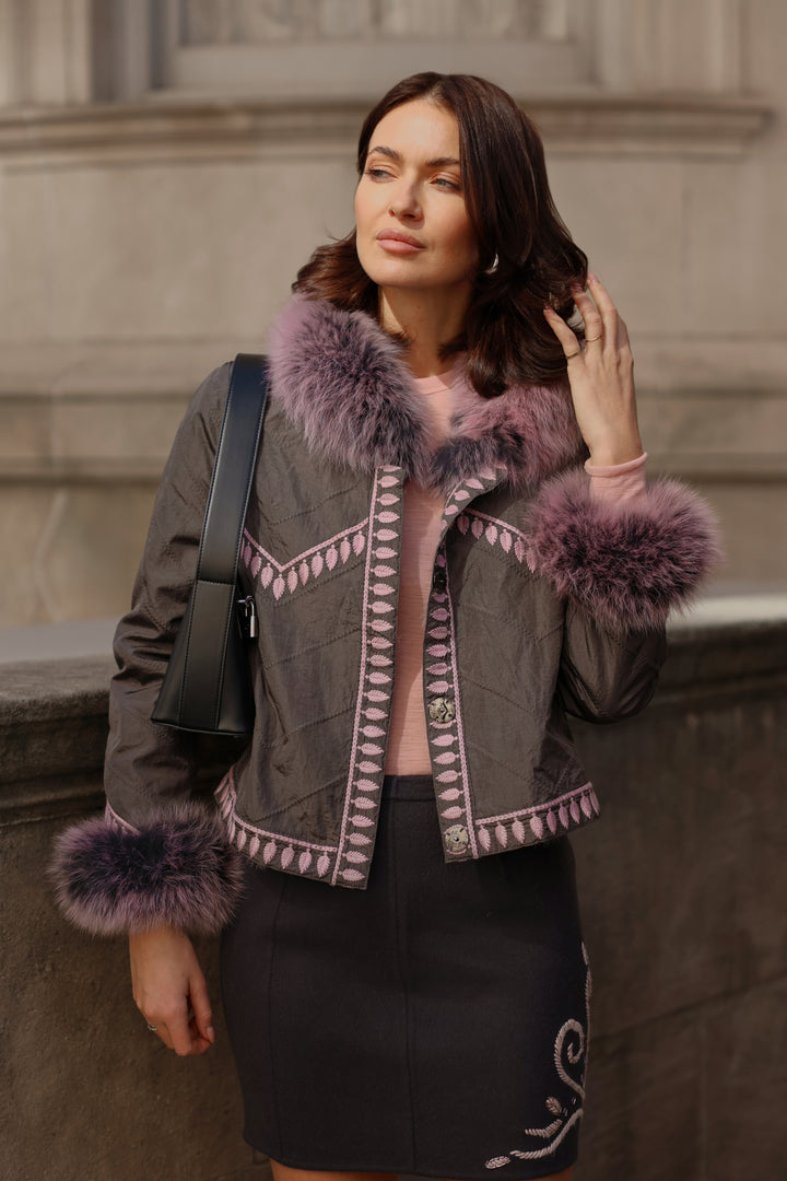 Embroidered Reversible Silk To Fox Jacket in Smokey Rose