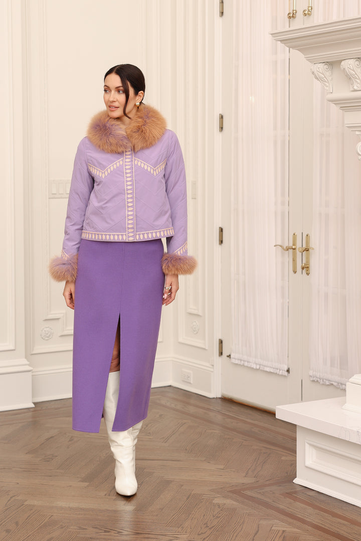 Embroidered Reversible Silk to Fox Jacket in Lavander Sorbet