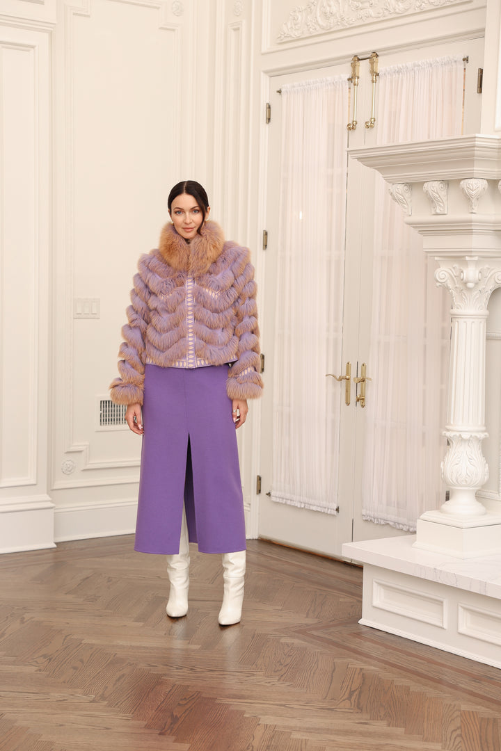 Embroidered Reversible Silk to Fox Jacket in Lavander Sorbet