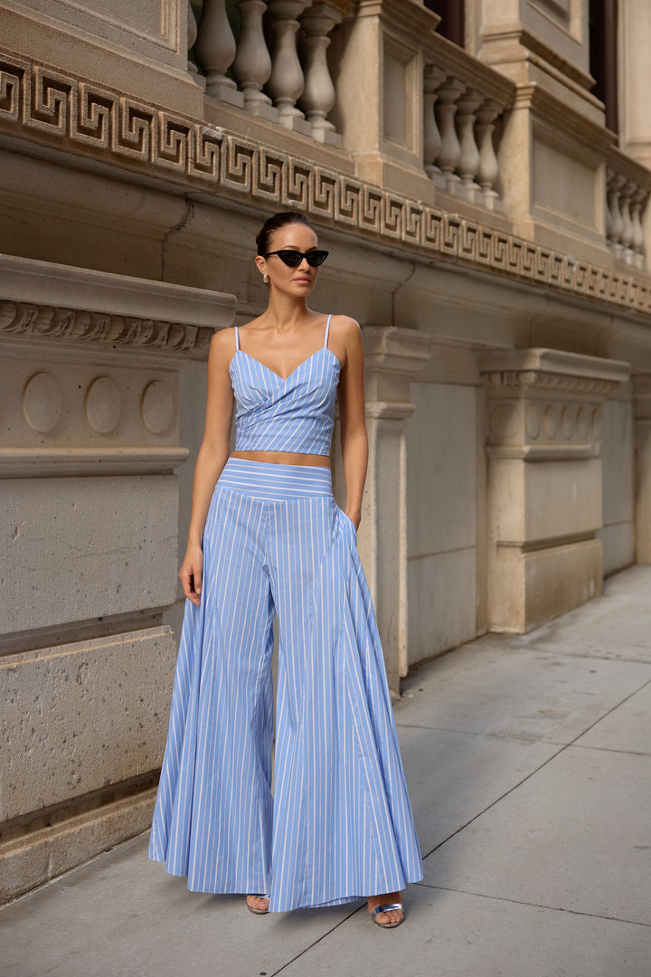 Cotton Draped Cropped Camisole in Blue White Stripe
