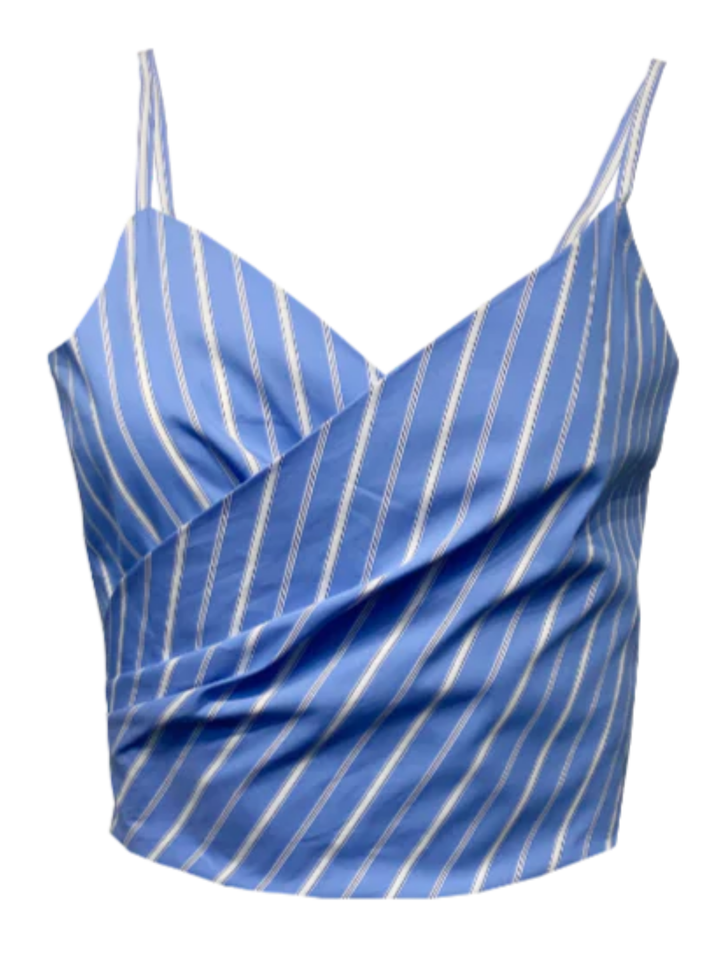 Drey Crop Top: Cotton Draped Cropped Camisole in Blue White Stripe