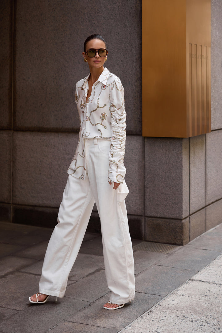 Striped Button-Down Shirt with Ruched Sleeves in Summer Charm