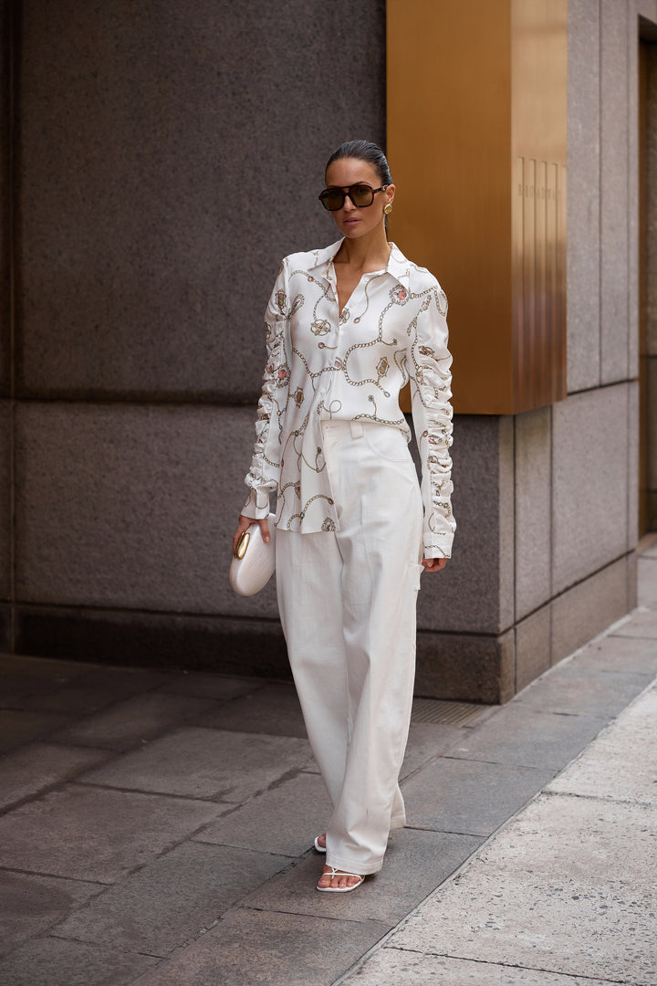 Striped Button-Down Shirt with Ruched Sleeves in Summer Charm