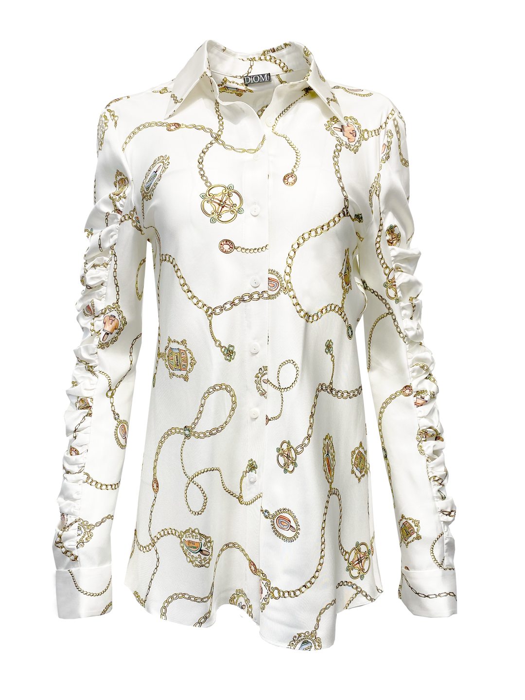 Striped Button-Down Shirt with Ruched Sleeves in Summer Charm