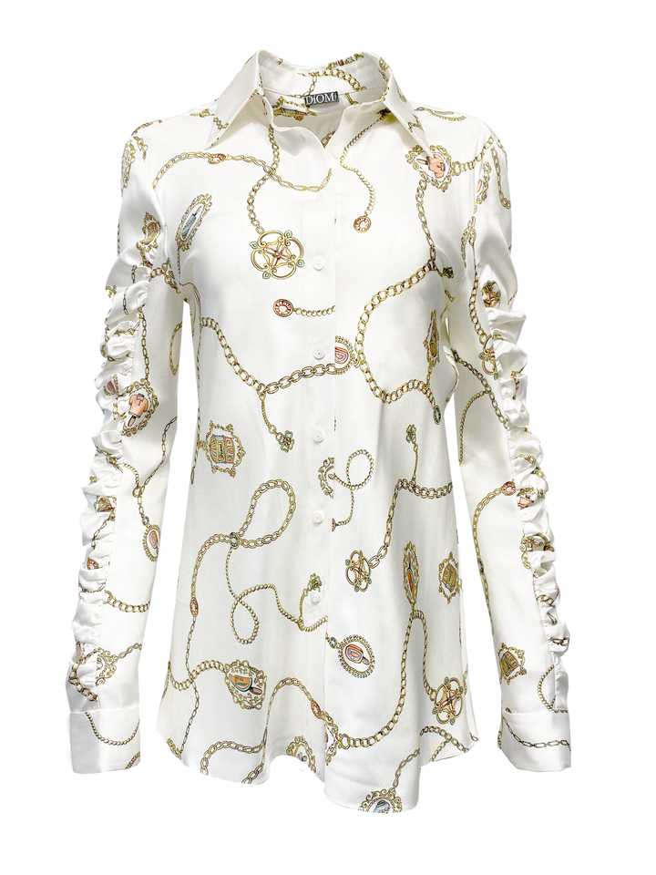 Striped Button-Down Shirt with Ruched Sleeves in Summer Charm