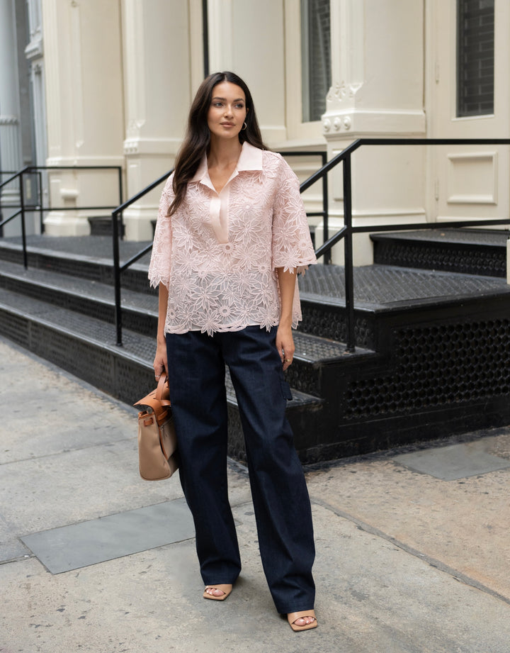 Pop Over Lace Blouse in Blush Lace