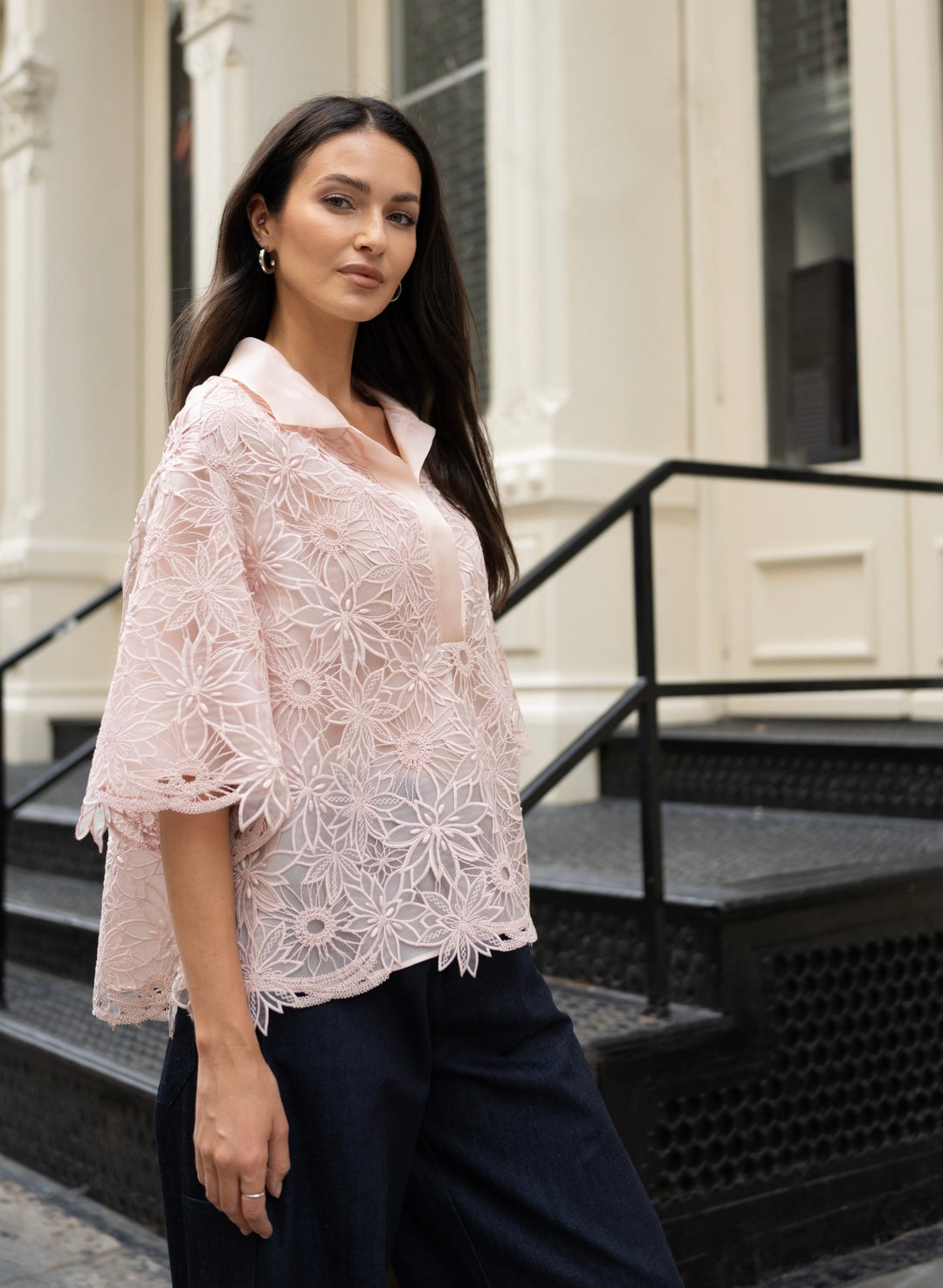 Pop Over Lace Blouse in Blush Lace
