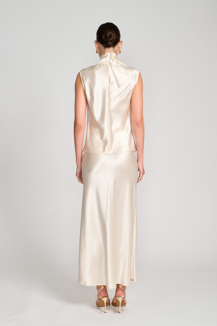 Draped Cascade Silk Blouse in Champagne
