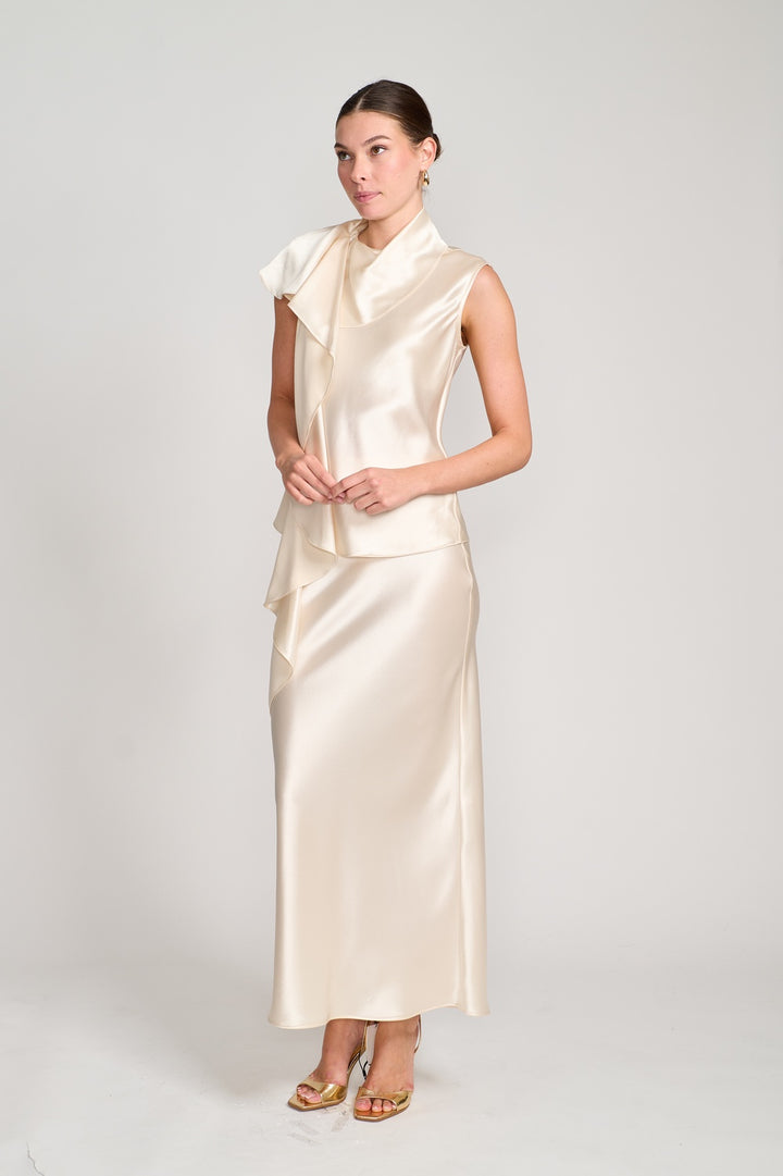 Draped Cascade Silk Blouse in Champagne