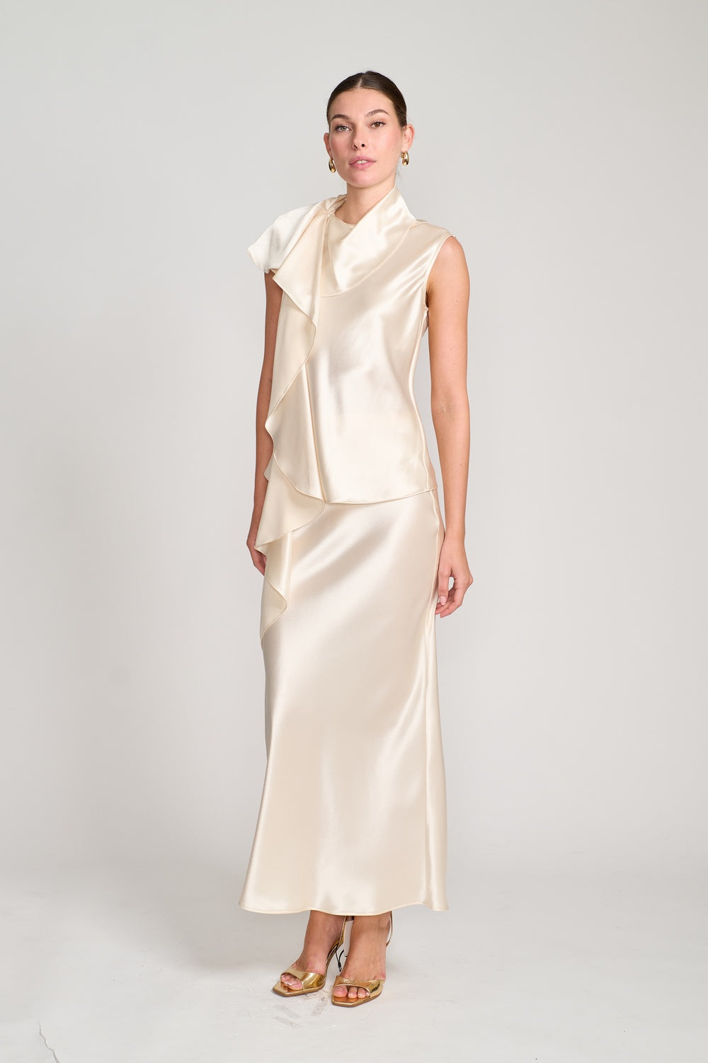 Draped Cascade Silk Blouse in Champagne