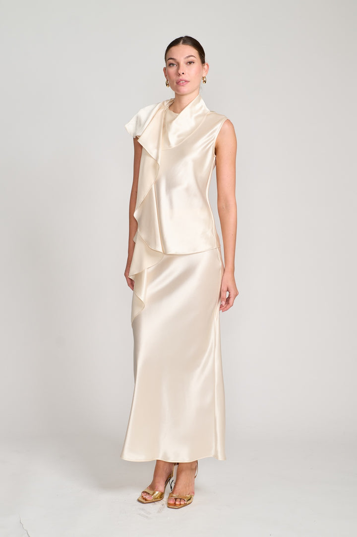 Draped Cascade Silk Blouse in Champagne