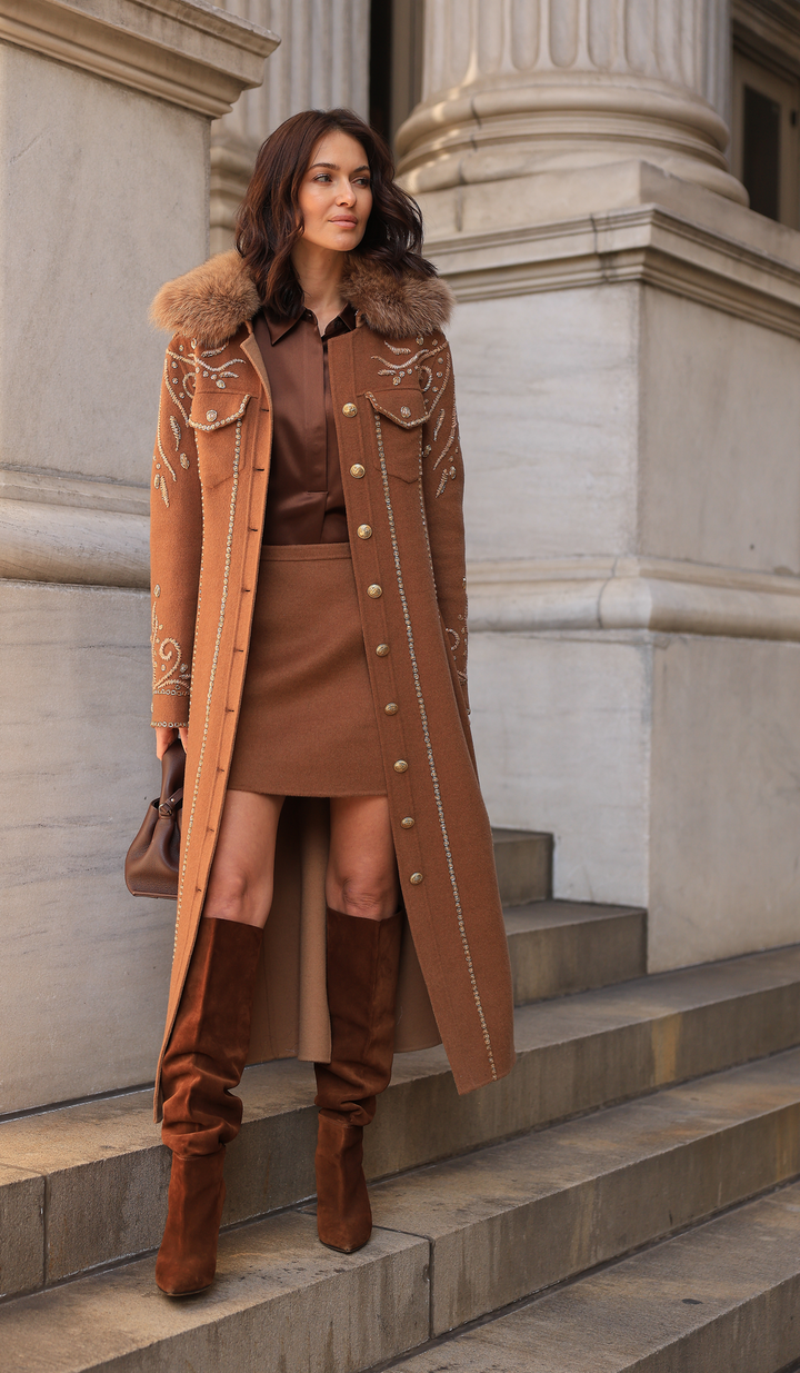Long Embroidered Beaded Coat with Detachable Fox Collar in Dark/Light Camel