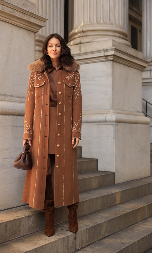 Long Embroidered Beaded Coat with Detachable Fox Collar in Dark/Light Camel