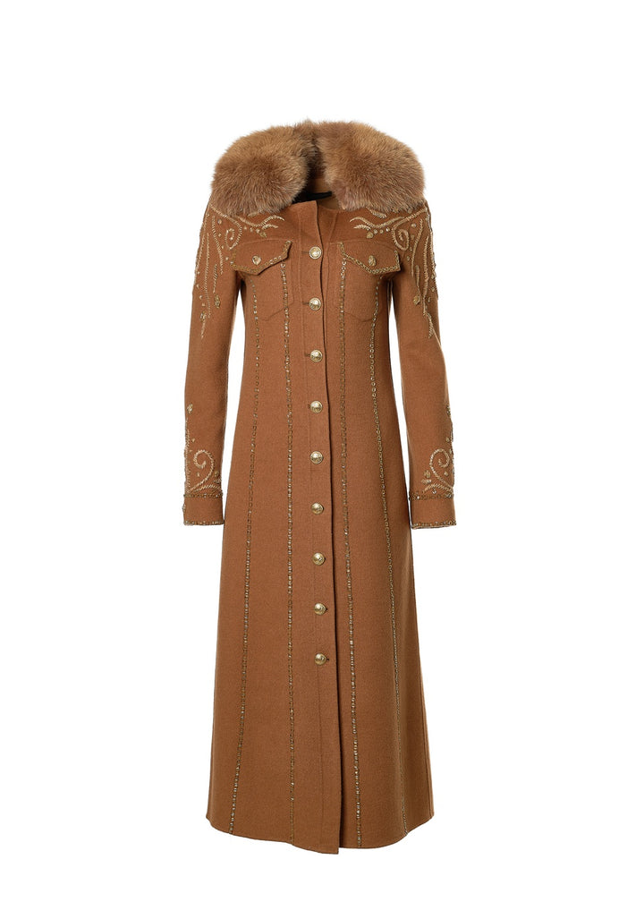 Long Embroidered Beaded Coat with Detachable Fox Collar in Dark/Light Camel