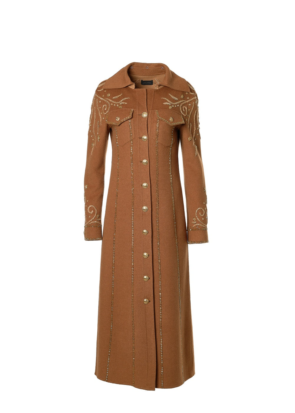 Long Embroidered Beaded Coat with Detachable Fox Collar in Dark/Light Camel