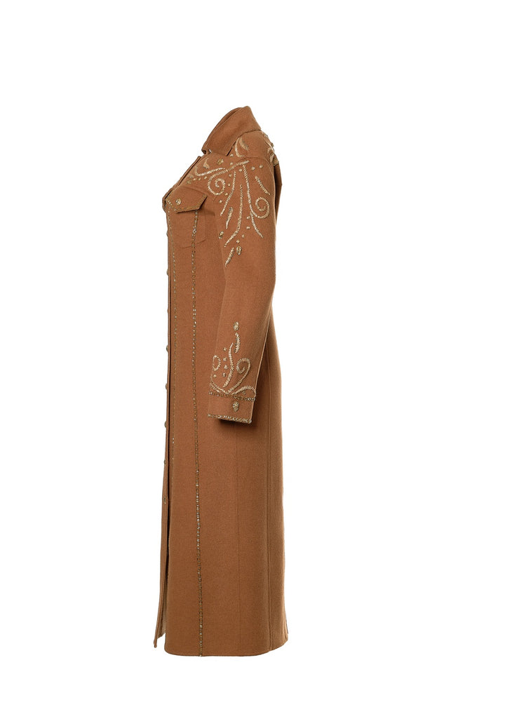 Long Embroidered Beaded Coat with Detachable Fox Collar in Dark/Light Camel
