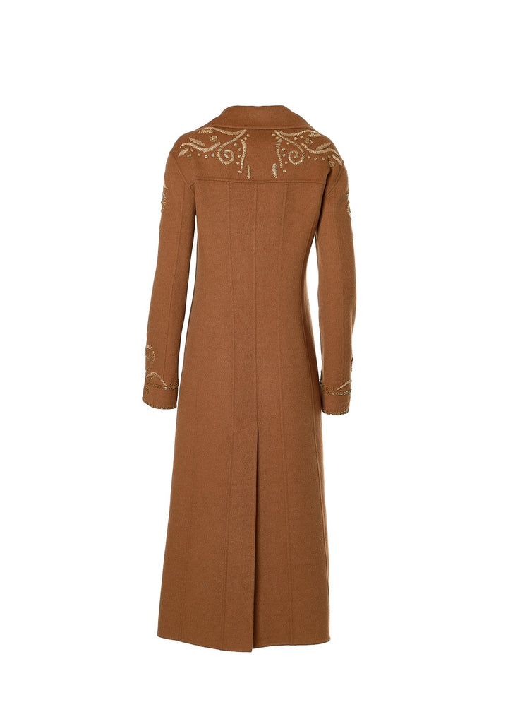 Long Embroidered Beaded Coat with Detachable Fox Collar in Dark/Light Camel