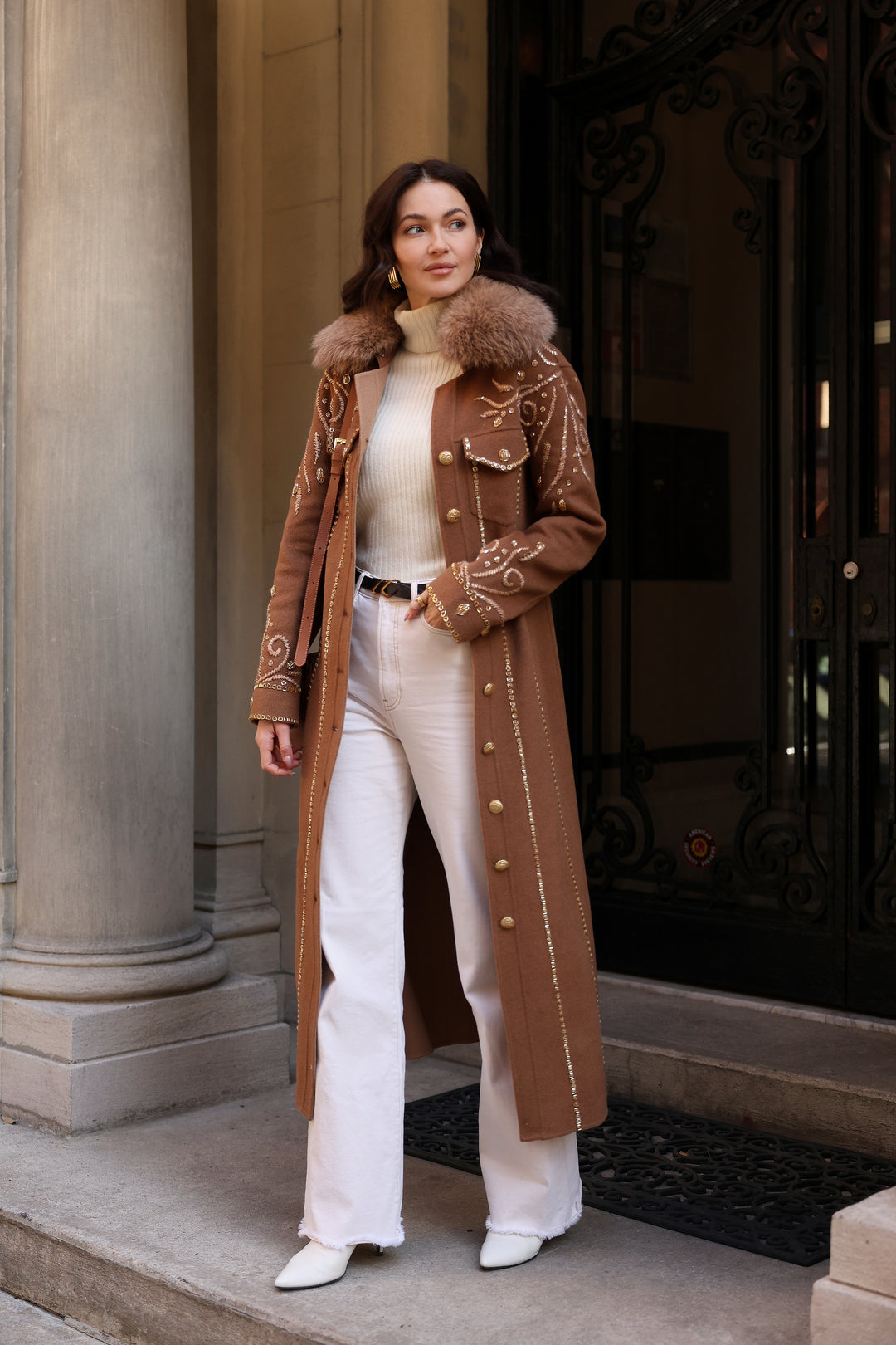 Long Embroidered Beaded Coat with Detachable Fox Collar in Dark/Light Camel