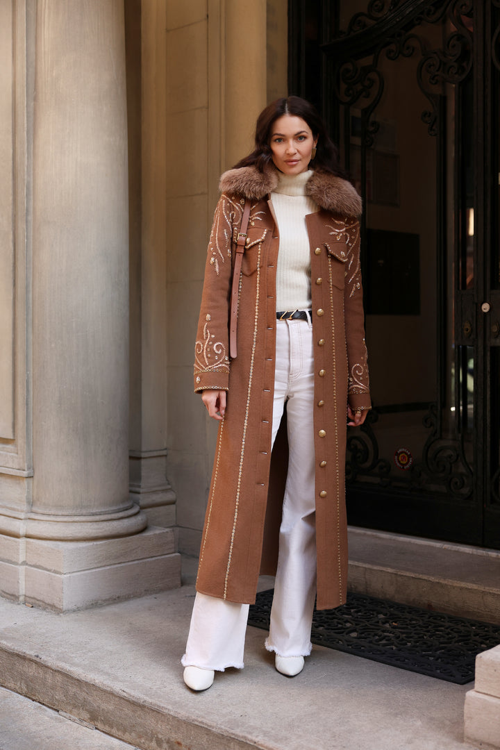 Long Embroidered Beaded Coat with Detachable Fox Collar in Dark/Light Camel